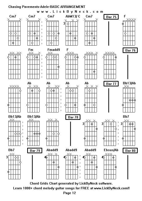 Chord Grids Chart of chord melody fingerstyle guitar song-Chasing Pavements-Adele-BASIC ARRANGEMENT,generated by LickByNeck software.